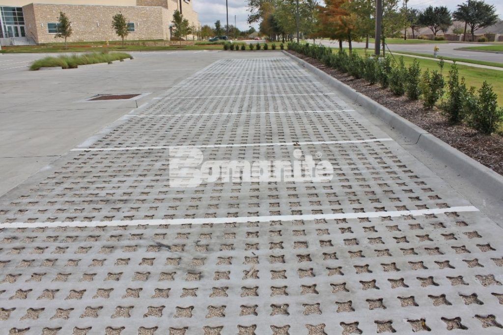 Hope Fellowship Church parking lot in Frisco, TX, using Stone Filled Grasscrete Molded Pulp Former Systems pervious concrete installed by Texas Bomanite.
