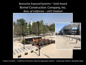 Banc of California LAFC Stadium by Bomel Construction using Bomanite Exposed Aggregate with Bomanite Sandscape Texture and Bomanite Alloy systems is a Bomanite Gold Award winner for 2018.