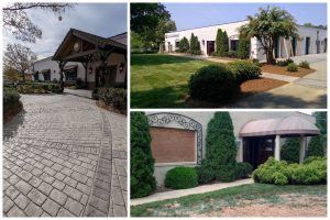 Collage view after and before at Olde Mecklenburg Brewery in Charlotte, NC, using Bomanite Imprint Systems featuring the Running Bond Belgian Block pattern installed by Carolina Bomanite.