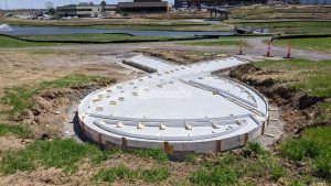 Ribbon Walk Pavilion under construction at Mosaic Life Care Cancer Center in St. Joseph, MO, featuring Bomanite Revealed decorative concrete installed by Bomanite Licensee Musselman and Hall Contractors, LLC.