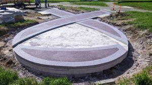 Close up view of Ribbon Walk Pavilion under construction at Mosaic Life Care Cancer Center in St. Joseph, MO, featuring Bomanite Revealed decorative concrete installed by Bomanite Licensee Musselman and Hall Contractors, LLC.