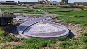 Wider view of Ribbon Walk Pavilion under construction at Mosaic Life Care Cancer Center Ribbon Walk Pavilion in St. Joseph, MO, featuring Bomanite Revealed decorative concrete installed by Bomanite Licensee Musselman and Hall Contractors, LLC.