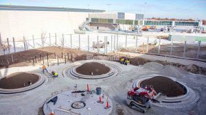 Construction overhead view at Kansas City Airport in Kansas City, MO, featuring Bomanite Sandscape Texture decorative concrete installed by Musselman & Hall Contractors.