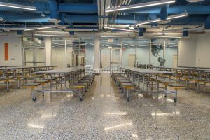 Wide view of the multi-purpose room at John Diemer Elementary in Overland Park, KS, featuring Bomanite Custom Polishing Systems using Bomanite Renaissance installed by Bomanite Licensee Musselman and Hall Contractors, LLC.