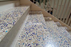 Macro view of stairs at John Diemer Elementary in Overland Park, KS, featuring Bomanite Custom Polishing Systems using Bomanite Renaissance installed by Bomanite Licensee Musselman and Hall Contractors, LLC.
