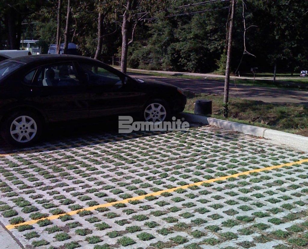Covington Readiness Center LA Army National Guard parking lot in Covington, LA, showcases Stone Filled Grasscrete Molded Pulp Former System installed by Bomanite of New Orleans.